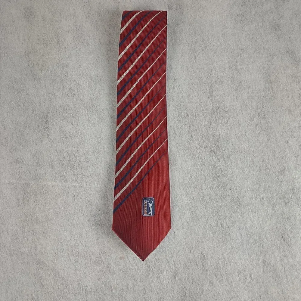 PGA Tour Men's Red, Blue, Silver Striped 100% Silk Necktie
